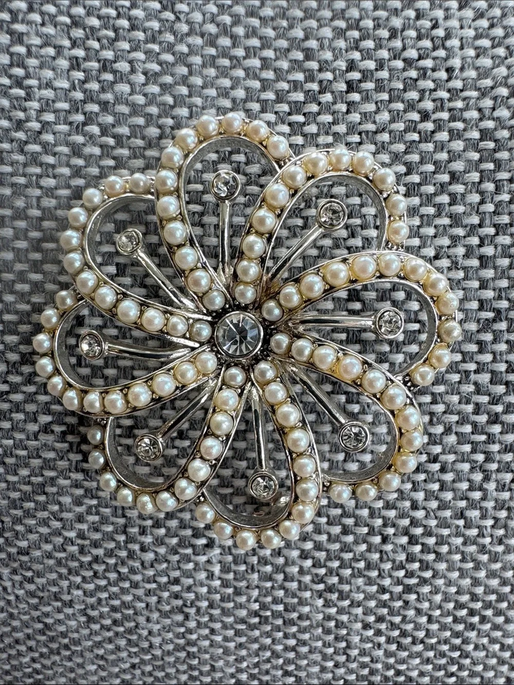 Monet Vintage Pearl Rhinestone Silver Tone Swirl Flower Brooch Pin Collectible